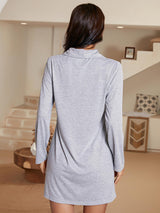 Heart Graphic Lapel Collar Long Sleeve Night Dress - SHE BADDY© ONLINE WOMEN FASHION & CLOTHING STORE