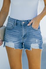 Frayed Hem Distressed Denim Shorts with Pockets - SHE BADDY© ONLINE WOMEN FASHION & CLOTHING STORE