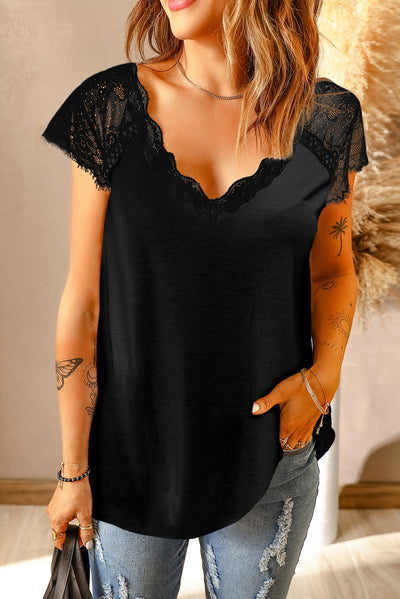 Scalloped Spliced Lace V-Neck Top - SHE BADDY© ONLINE WOMEN FASHION & CLOTHING STORE