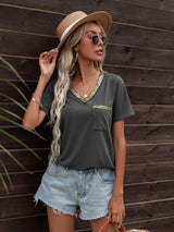 Glitter V-Neck Short Sleeve Tee Shirt - SHE BADDY© ONLINE WOMEN FASHION & CLOTHING STORE