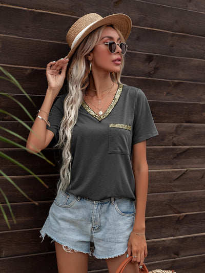 Glitter V-Neck Short Sleeve Tee Shirt - SHE BADDY© ONLINE WOMEN FASHION & CLOTHING STORE