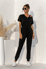 Cut Out V-neck Drawstring Jumpsuit - SHE BADDY© ONLINE WOMEN FASHION & CLOTHING STORE