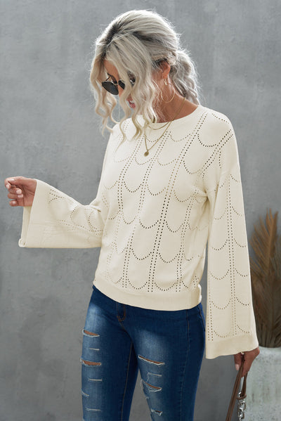 Openwork Flare Sleeve Pullover Sweater - SHE BADDY© ONLINE WOMEN FASHION & CLOTHING STORE