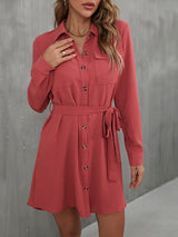 Button Down Belted Long Sleeve Shirt Dress - SHE BADDY© ONLINE WOMEN FASHION & CLOTHING STORE