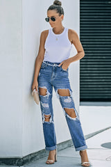 Distressed Frayed Trim Straight Leg Jeans - SHE BADDY© ONLINE WOMEN FASHION & CLOTHING STORE