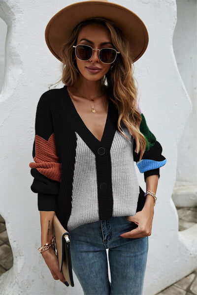 Contrast Button Front V-Neck Cardigan - SHE BADDY© ONLINE WOMEN FASHION & CLOTHING STORE