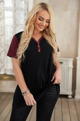 Plus Size Contrast Twisted Henley Tee - SHE BADDY© ONLINE WOMEN FASHION & CLOTHING STORE