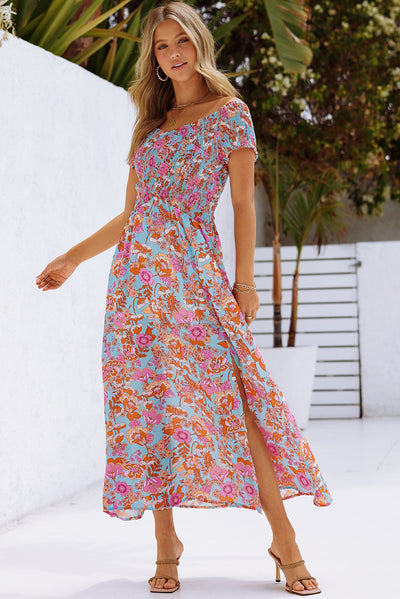 Floral Crisscross Smocked Off-Shoulder Dress - SHE BADDY© ONLINE WOMEN FASHION & CLOTHING STORE