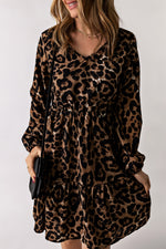 Leopard V-Neck Balloon Sleeve Tiered Dress - SHE BADDY© ONLINE WOMEN FASHION & CLOTHING STORE