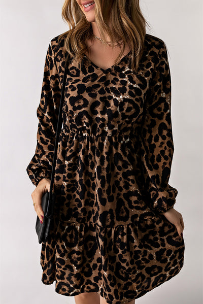 Leopard V-Neck Balloon Sleeve Tiered Dress - SHE BADDY© ONLINE WOMEN FASHION & CLOTHING STORE