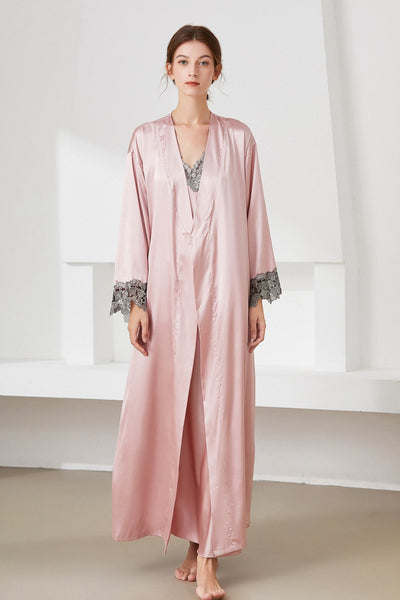 Contrast Lace Trim Satin Night Dress and Robe Set - SHE BADDY© ONLINE WOMEN FASHION & CLOTHING STORE