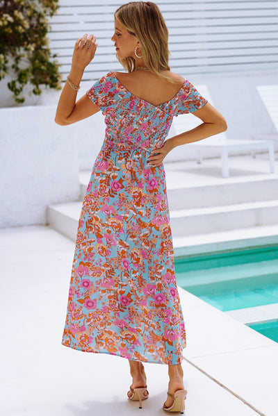Floral Crisscross Smocked Off-Shoulder Dress - SHE BADDY© ONLINE WOMEN FASHION & CLOTHING STORE
