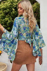 Floral Bell Sleeve Surplice Cropped Blouse - SHE BADDY© ONLINE WOMEN FASHION & CLOTHING STORE