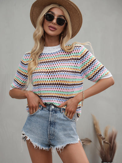 Striped Openwork Half Sleeve Knit Top - SHE BADDY© ONLINE WOMEN FASHION & CLOTHING STORE