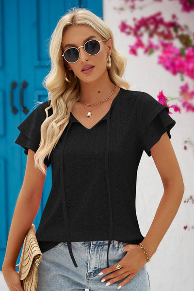 Eyelet Tie-Neck Flutter Sleeve Blouse - SHE BADDY© ONLINE WOMEN FASHION & CLOTHING STORE