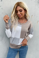 Color Block Ribbed Trim Round Neck Knit Pullover - SHE BADDY© ONLINE WOMEN FASHION & CLOTHING STORE