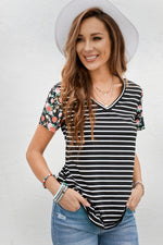 Floral Sleeves Striped T-shirt - SHE BADDY© ONLINE WOMEN FASHION & CLOTHING STORE