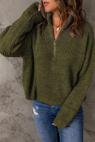 Half Zip Rib-Knit Dropped Shoulder Sweater - SHE BADDY© ONLINE WOMEN FASHION & CLOTHING STORE
