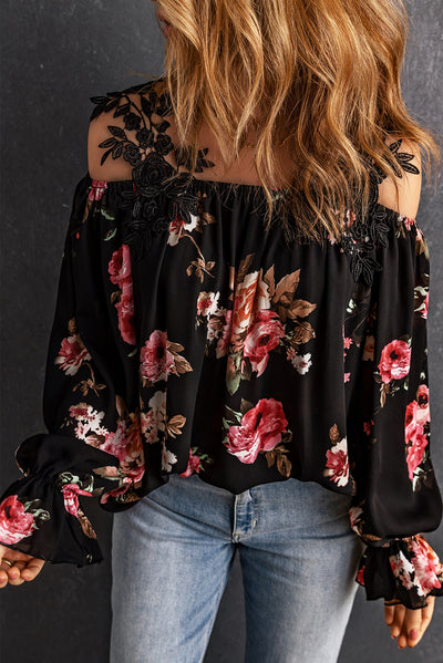 Floral Lace Cold-Shoulder Flounce Sleeve Blouse - SHE BADDY© ONLINE WOMEN FASHION & CLOTHING STORE