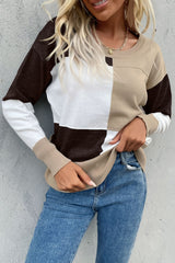 Color Block Ribbed Trim Round Neck Knit Pullover - SHE BADDY© ONLINE WOMEN FASHION & CLOTHING STORE