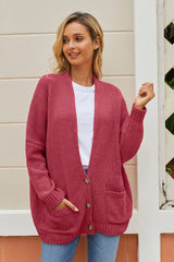 Button Front Plunge Cardigan with Front Pockets - SHE BADDY© ONLINE WOMEN FASHION & CLOTHING STORE