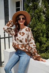 Leopard Ribbed Trim Dropped Shoulder Sweater - SHE BADDY© ONLINE WOMEN FASHION & CLOTHING STORE