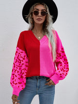 Leopard Color Block V-Neck Tunic Pullover Sweater - SHE BADDY© ONLINE WOMEN FASHION & CLOTHING STORE