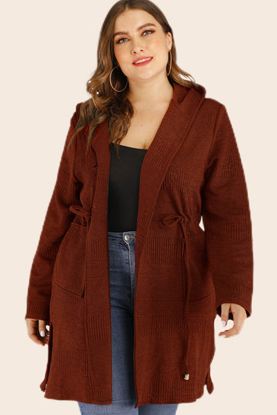Plus Size Drawstring Waist Hooded Cardigan with Pockets - SHE BADDY© ONLINE WOMEN FASHION & CLOTHING STORE