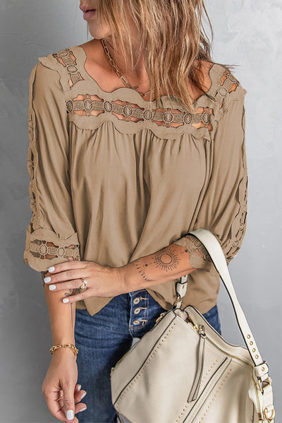 Crochet Openwork Three-Quarter Sleeve Blouse - SHE BADDY© ONLINE WOMEN FASHION & CLOTHING STORE