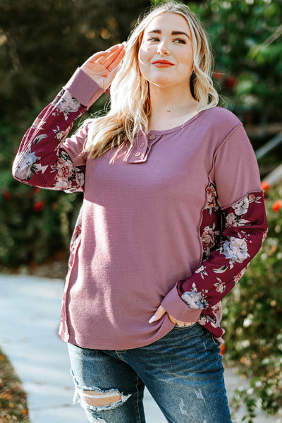 Plus Size Floral Exposed Seam Quarter-Button Henley Top - SHE BADDY© ONLINE WOMEN FASHION & CLOTHING STORE