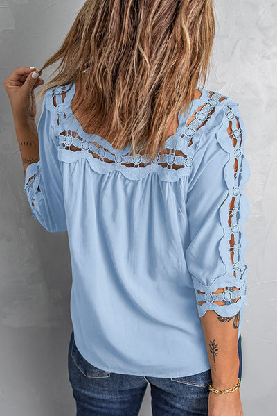 Crochet Openwork Three-Quarter Sleeve Blouse - SHE BADDY© ONLINE WOMEN FASHION & CLOTHING STORE