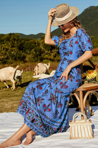 Floral Ruched Puff Sleeve Tiered Maxi Dress - SHE BADDY© ONLINE WOMEN FASHION & CLOTHING STORE