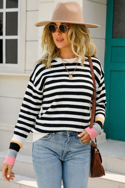 Warm Spice Striped Round Neck Sweater - SHE BADDY© ONLINE WOMEN FASHION & CLOTHING STORE