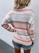 Striped Drop Shoulder Round Neck Pullover Sweater - SHE BADDY© ONLINE WOMEN FASHION & CLOTHING STORE