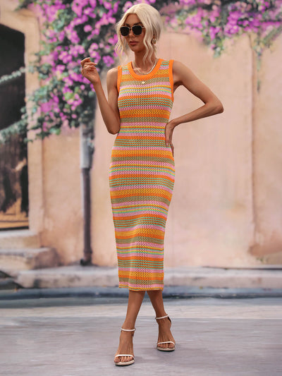 Striped Round Neck Sleeveless Midi Cover Up Dress - SHE BADDY© ONLINE WOMEN FASHION & CLOTHING STORE