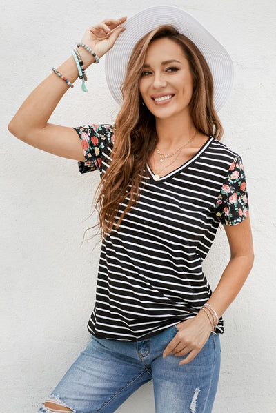 Floral Sleeves Striped T-shirt - SHE BADDY© ONLINE WOMEN FASHION & CLOTHING STORE