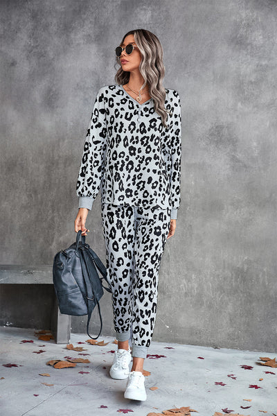 Leopard V-Neck Dropped Shoulder Loungewear Set - SHE BADDY© ONLINE WOMEN FASHION & CLOTHING STORE