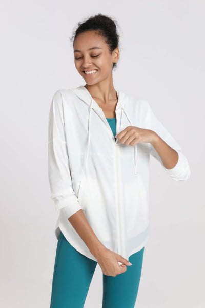 Curved Hem Drawstring Hooded Sports Jacket - SHE BADDY© ONLINE WOMEN FASHION & CLOTHING STORE