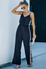 Leopard Contrast Spaghetti Strap Wide Leg Jumpsuit - SHE BADDY© ONLINE WOMEN FASHION & CLOTHING STORE