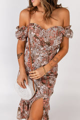 Floral Off-Shoulder Frill Trim Split Dress - SHE BADDY© ONLINE WOMEN FASHION & CLOTHING STORE