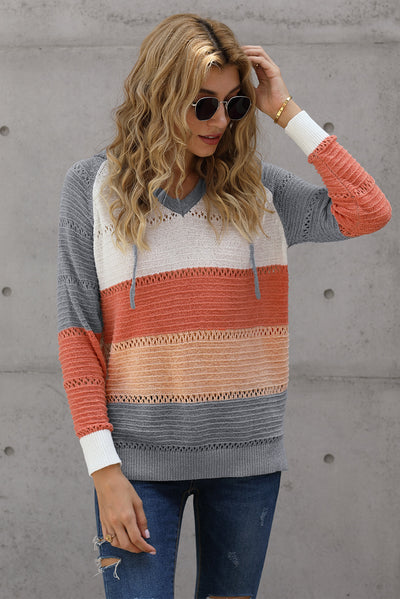Full Size Color Block Knitted Hoodie - SHE BADDY© ONLINE WOMEN FASHION & CLOTHING STORE
