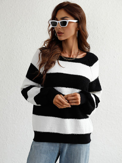 Striped Raglan Sleeve Ribbed Trim Knit Top - SHE BADDY© ONLINE WOMEN FASHION & CLOTHING STORE