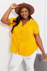 Zenana Full Size Summer Breeze Gauze Short Sleeve Shirt in Mustard - SHE BADDY© ONLINE WOMEN FASHION & CLOTHING STORE