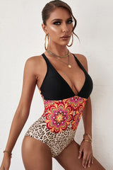Printed Crisscross Deep V One-Piece Swimsuit - SHE BADDY© ONLINE WOMEN FASHION & CLOTHING STORE