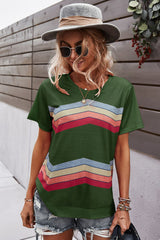 Multicolored Chevron Stripe Round Neck Side Slit T-Shirt - SHE BADDY© ONLINE WOMEN FASHION & CLOTHING STORE