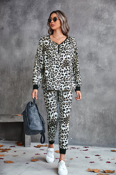 Leopard V-Neck Dropped Shoulder Loungewear Set - SHE BADDY© ONLINE WOMEN FASHION & CLOTHING STORE