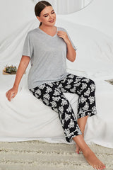 Plus Size V-Neck Tee and Floral Pants Lounge Set - SHE BADDY© ONLINE WOMEN FASHION & CLOTHING STORE