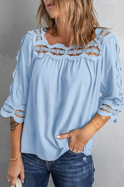 Crochet Openwork Three-Quarter Sleeve Blouse - SHE BADDY© ONLINE WOMEN FASHION & CLOTHING STORE