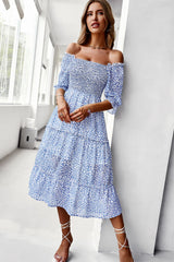 Ditsy Floral Off-Shoulder Smocked Midi Dress - SHE BADDY© ONLINE WOMEN FASHION & CLOTHING STORE