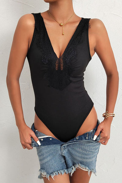 Spliced Lace Deep V Sleeveless Bodysuit - SHE BADDY© ONLINE WOMEN FASHION & CLOTHING STORE